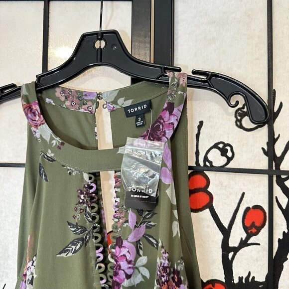 Torrid Dress Size 3 Floral Chiffon Ruffled High Neck Olive Green Layered New - Picture 7 of 9